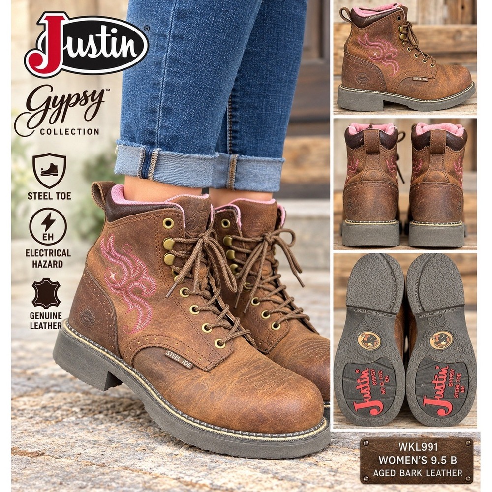 Justin Gypsy WKL991 Women’s 9.5 B Steel Toe Work Boots Brown Pink Leather EH